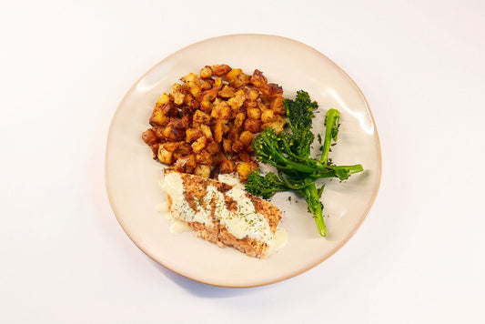 Cajun Salmon with Spiced Potato Bites, Tenderstem Broccoli and a Herb & Garlic Cream Sauce